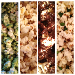From left to right: tea kettle corn, parmesan rosemary truffle popcorn, preparedness popcorn, and duck fat popcorn.